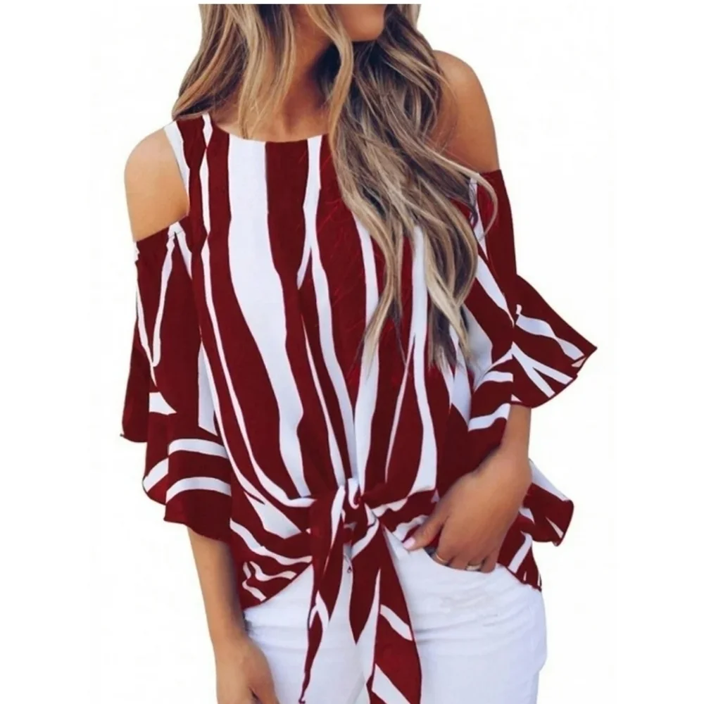 Wildfox NEW Burgundy White Striped Cold Shoulder Bell Sleeve Front Tie Top Small